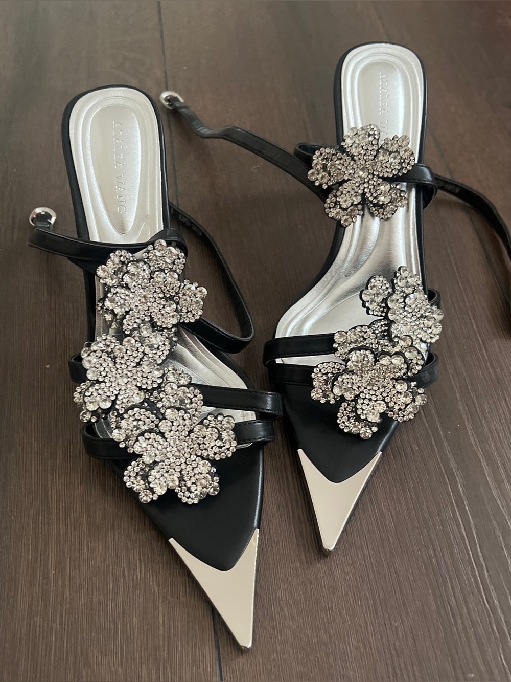 AKIRA Black Slingback Heels with Crystal Flower Accents and Silver Pointed Toe